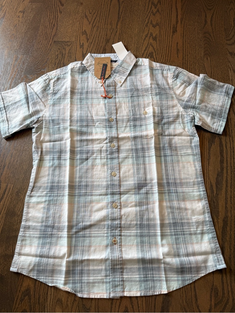 NWT Weatherproof Plaid Short-Sleeve Button-Down Shirt Light Blue & Cream medium